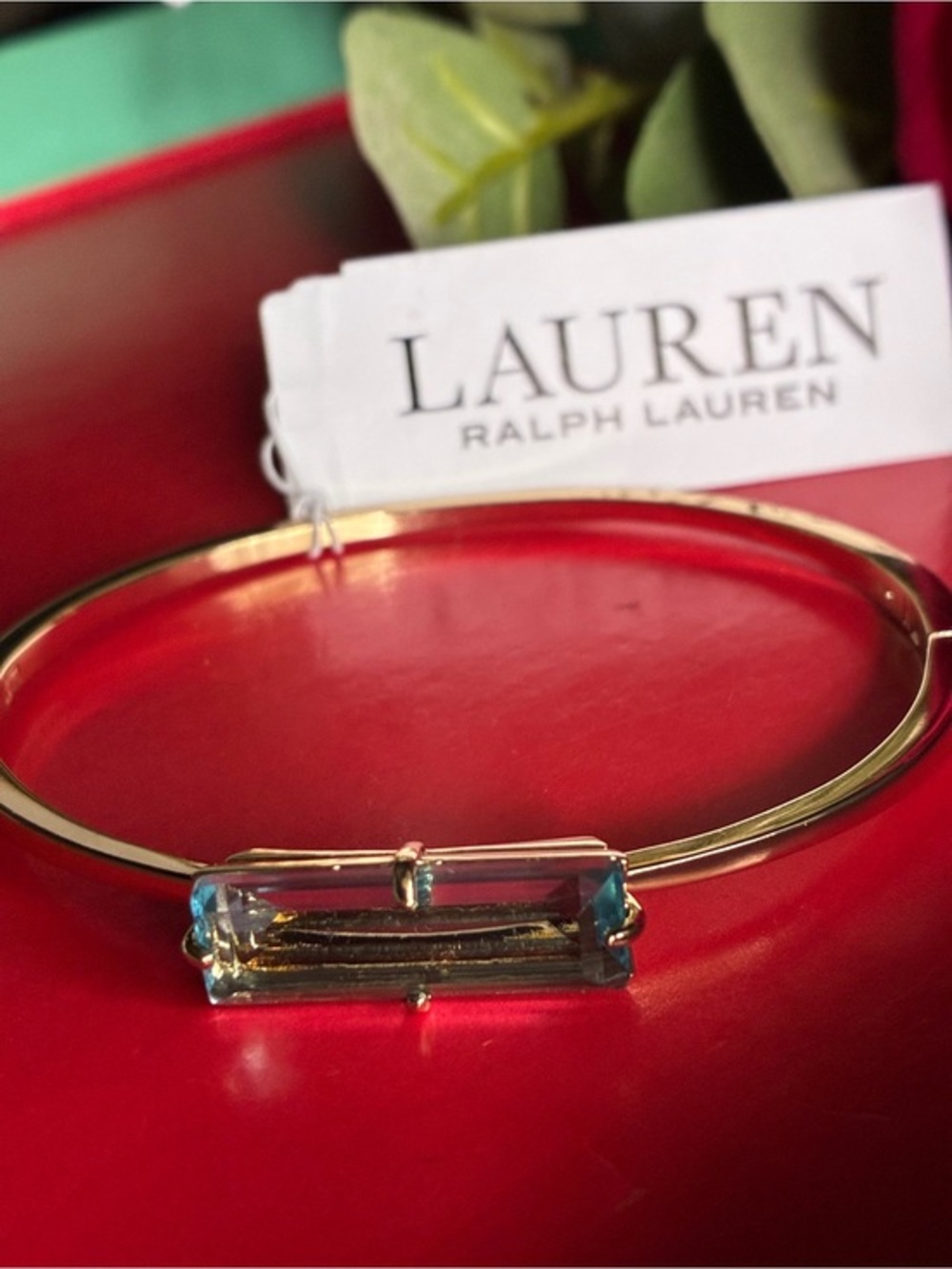 Ralph Lauren Gold Bangle with Blue Rectangular Stone 7”